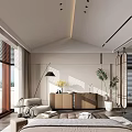 Modern Bedroom Interior Design With Large Window Wooden Bed Frame Floor Lamp And Green Plants