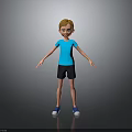 3D Child With Red Hair Blue T-shirt Black Shorts Blue Shoes Standing On Gray Background