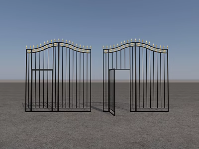 Black Iron Gates With Golden Decorations On Top And One Open Gate Design 3d model