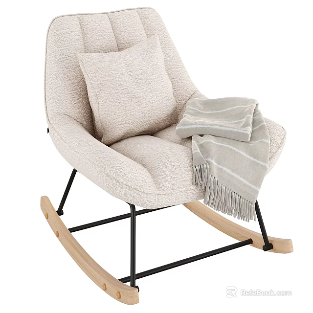 Beige Rocking Chair with Plush Cushion Striped Blanket Wooden Base and Black Metal Frame 3d model 