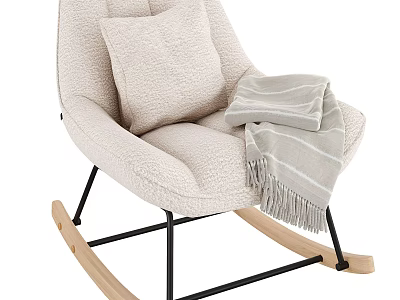 Beige Rocking Chair with Plush Cushion Striped Blanket Wooden Base and Black Metal Frame 3d model
