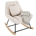 Beige Rocking Chair with Plush Cushion Striped Blanket Wooden Base and Black Metal Frame