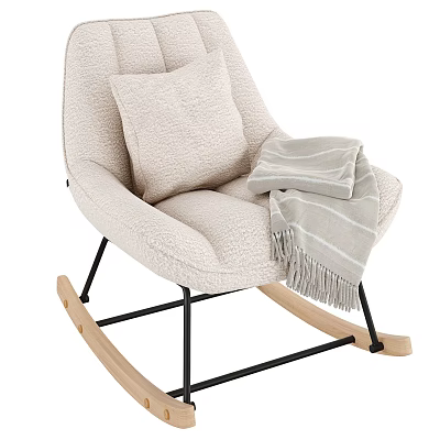 Beige Rocking Chair with Plush Cushion Striped Blanket Wooden Base and Black Metal Frame 3d model