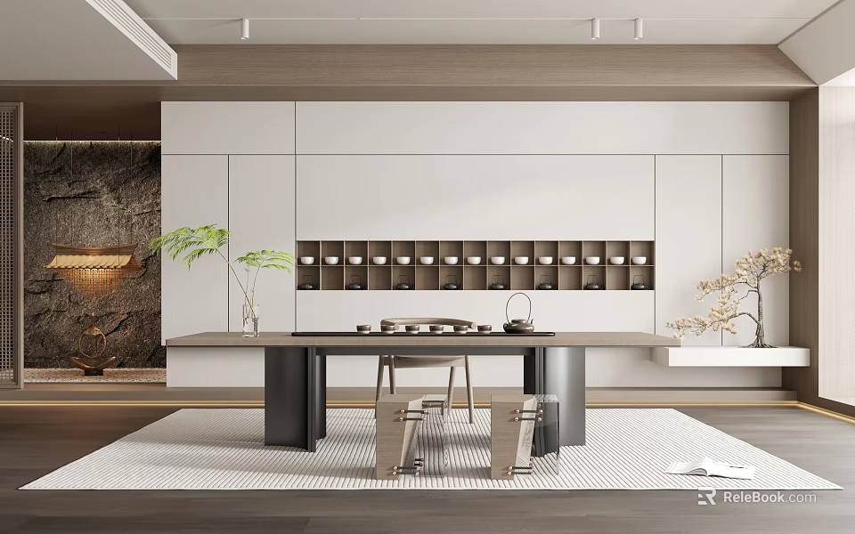 Modern Tea Room Interior Design With Long Table Chairs Tea Sets Wall Shelves And Stone Wall 3d model 