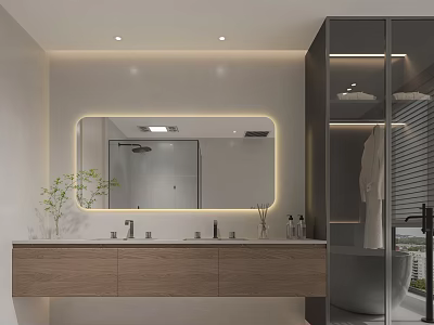 Modern Bathroom Interior With Double Sink Vanity Backlit Mirror And Bathtub 3d model