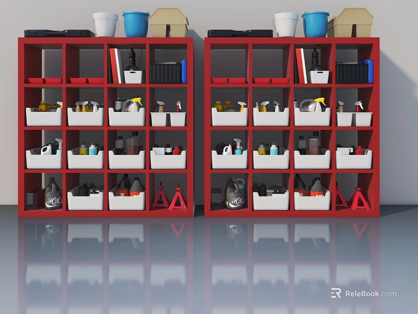 Swing Door Featuring Red Storage Shelves with White Baskets Tools and Buckets 3d model