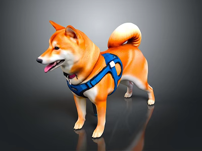 Cute Happy Shiba Inu Standing Wearing Blue Harness With Tongue Out 3d model