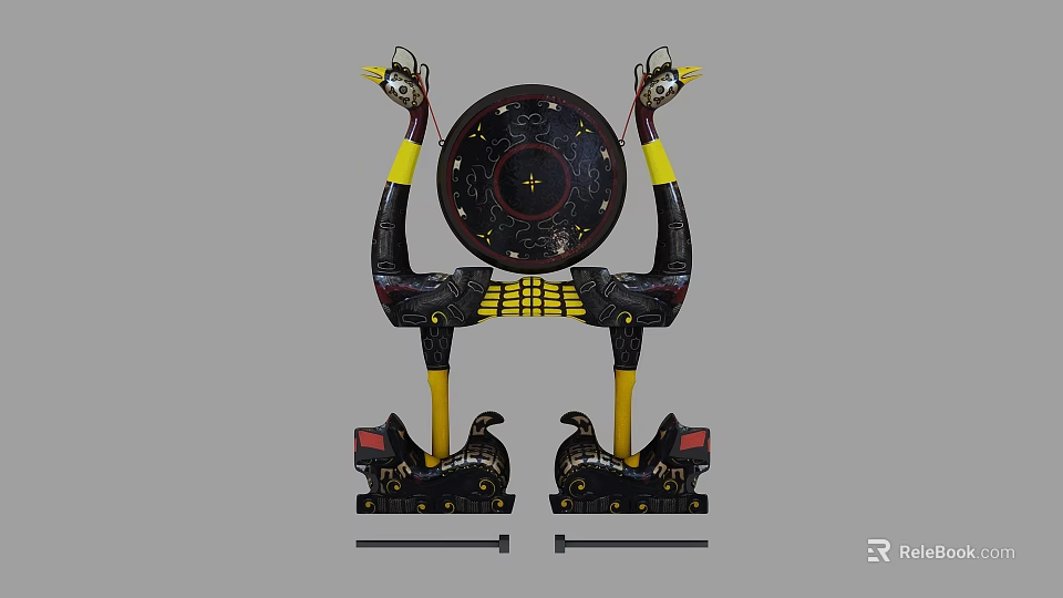 Traditional Vintage Decorative Bird Shaped Stand With Circular Craft Ornament Black Yellow Red 3d model 