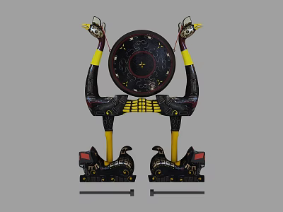 Traditional Vintage Decorative Bird Shaped Stand With Circular Craft Ornament Black Yellow Red 3d model