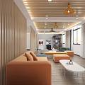 Modern Interior Lounge Space With Vertical Wooden Slats Partition Sofa And TV Screen
