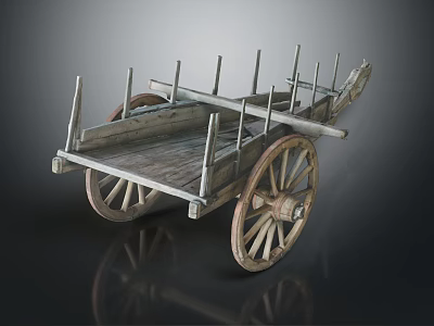 Old Fashioned Wooden Cart with Large Spoked Wheels and Upright Poles 3d model