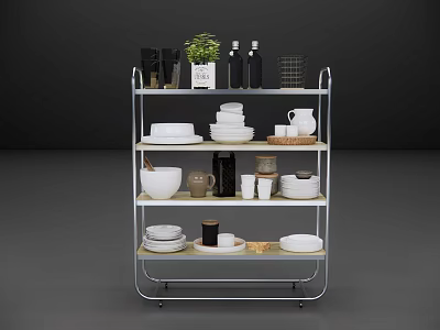 Modern Open Storage Cabinet With Multiple Tiers Holding Dishes Bowls Cups Bottles And Green Plant 3d model