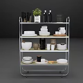 Modern Open Storage Cabinet With Multiple Tiers Holding Dishes Bowls Cups Bottles And Green Plant