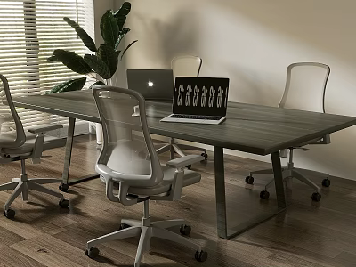 Modern Office Desk Setup With Laptop ChatGPT Sign Ergonomic Chairs Green Plant And Window Blinds 3d model