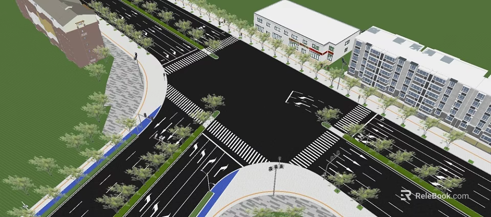 Modern Urban Road Infrastructure With Lanes Zebra Crossings Street Lamps And Green Belts 3d model 