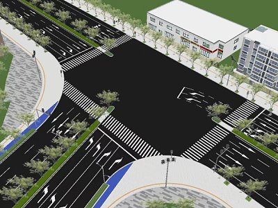 Modern Urban Road Infrastructure With Lanes Zebra Crossings Street Lamps And Green Belts 3d model