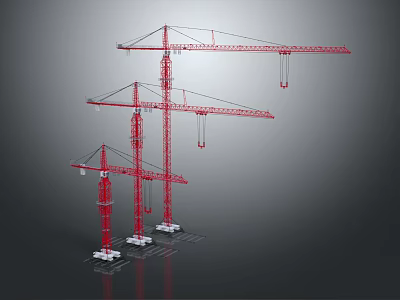 Three Red Tower Cranes In Industrial Construction Site Machinery 3d model