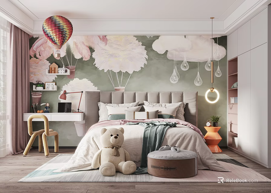 Cozy Kids Bedroom With Hot Air Balloon Mural Cloud Patterns Teddy Bear And Desk 3d model 