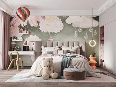 Cozy Kids Bedroom With Hot Air Balloon Mural Cloud Patterns Teddy Bear And Desk 3d model