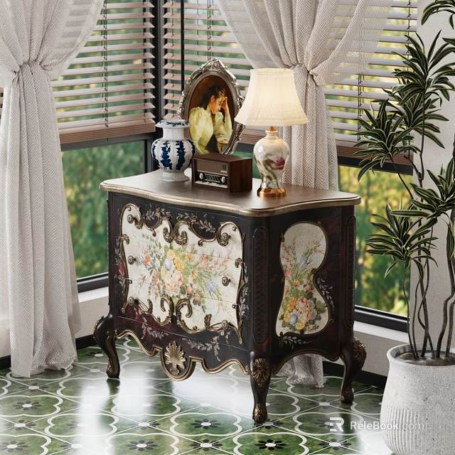 Vintage Wooden Dresser With Floral Painted Decorative Vase Lamp Photo Frame By Window Potted Plant 3d model 
