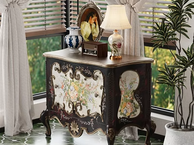 Vintage Wooden Dresser With Floral Painted Decorative Vase Lamp Photo Frame By Window Potted Plant 3d model