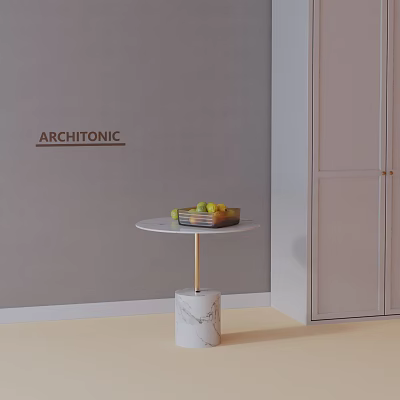 Elegant Side Table With White Round Top Golden Stand Marble Base And Fruit Books 3d model
