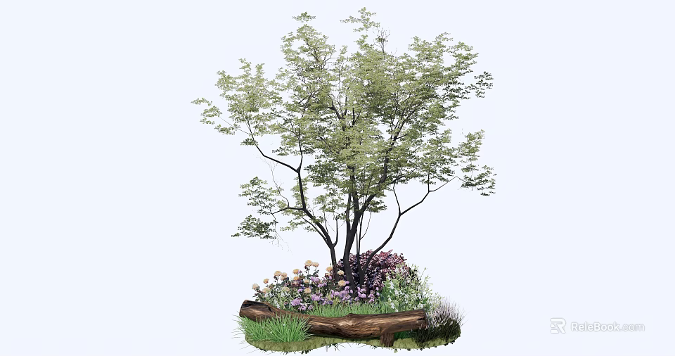 Decorative Flower Planter with Green Tree Purple White Flowers and Wooden Log 3d model 