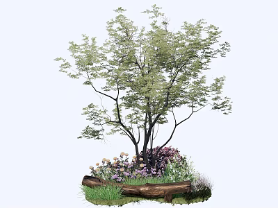Decorative Flower Planter with Green Tree Purple White Flowers and Wooden Log 3d model