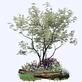 Decorative Flower Planter with Green Tree Purple White Flowers and Wooden Log