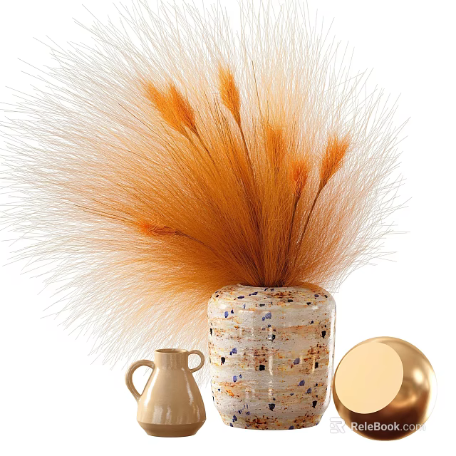 Decorative Ceramic Vase With Orange Dried Pampas Grass And Small Jug Golden Decor 3d model 