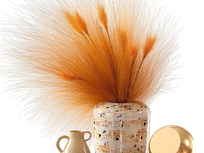 Decorative Ceramic Vase With Orange Dried Pampas Grass And Small Jug Golden Decor 3d model