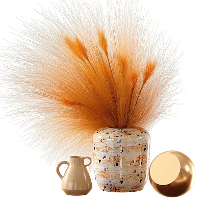 Decorative Ceramic Vase With Orange Dried Pampas Grass And Small Jug Golden Decor 3d model