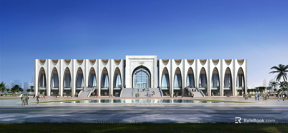 Modern Symmetrical Architectural Building With Arched Windows Central Entrance And Water Pool Plaza 3d model 