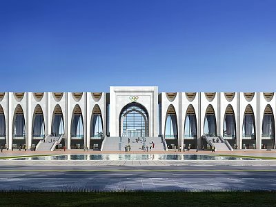 Modern Symmetrical Architectural Building With Arched Windows Central Entrance And Water Pool Plaza 3d model