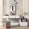 Elegant Modern Dressing Table with Mirror Decorative Items Upholstered Stool and Green Plant 3d model