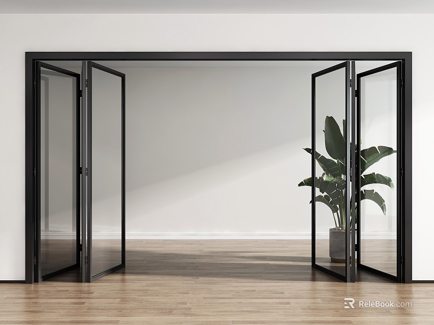 Black Open Folding Doors in Modern Room With Green Plant Wooden Floor And White Walls 3d model 