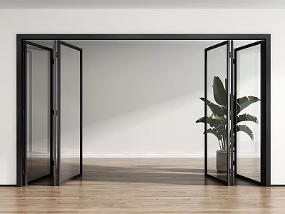 Black Open Folding Doors in Modern Room With Green Plant Wooden Floor And White Walls 3d model