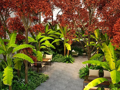 Outdoor Plant Combination With Red Leaf Trees Large Green Foliage Seating Area And Stone Pathway 3d model