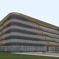 Modern Office Building With Curved Glass Facade And Green Lawn Surroundings Under Blue Sky