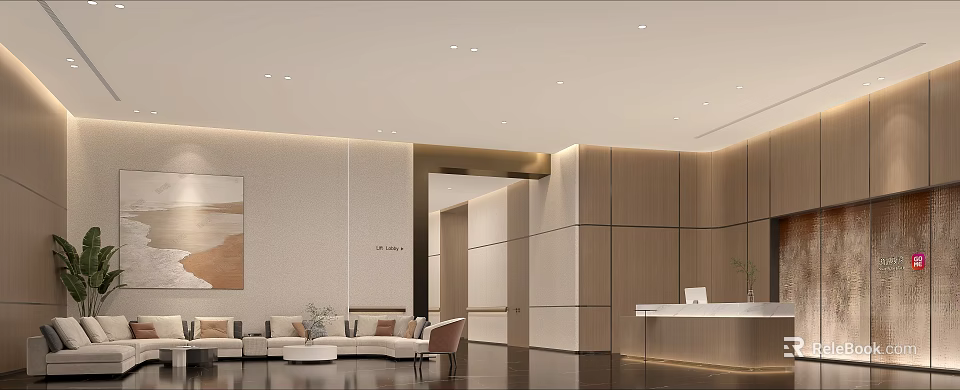 Modern Hotel Lobby Interior Design With Light Colored Walls Wooden Panels Sofa Seating And Reception Desk 3d model 