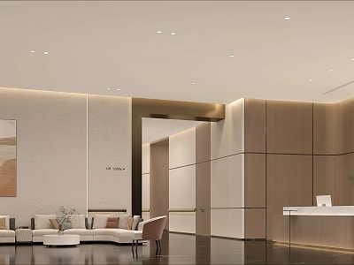 Modern Hotel Lobby Interior Design With Light Colored Walls Wooden Panels Sofa Seating And Reception Desk 3d model