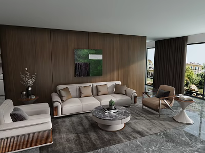 Modern Light Luxury Leather Sofa And Marble Round Coffee Table Set For Elegant Living Room 3d model