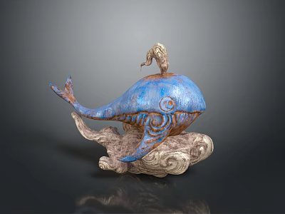 Blue Whale Sculpture With Intricate Patterns And Cloud Wave Base Artistic Design 3d model