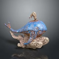 Blue Whale Sculpture With Intricate Patterns And Cloud Wave Base Artistic Design