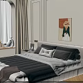 Double Bed Interior Design With Upholstered Headboard Pillows Artwork Nightstands And Plants