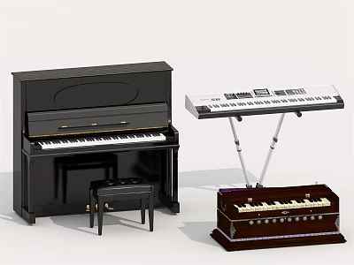 Classic Black Upright Piano Electronic Keyboard and Brown Small Keyboard Musical Instruments 3d model