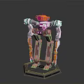 Orange And White Humanoid Robot With Red Eye Sensor Mechanical Limbs Standing On Display Platform