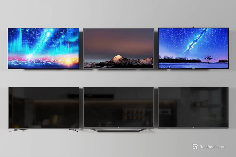 Modern Televisions Displaying High Quality Aurora Mountain And Starry Sky Scenes 3d model