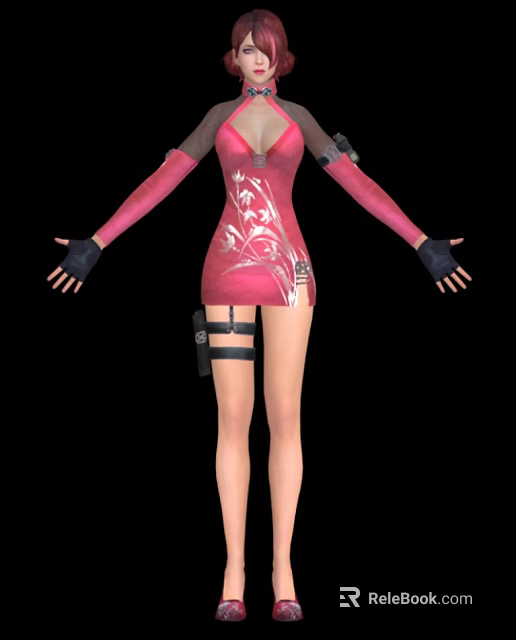 Game Character Wearing Pink Dress With White Floral Patterns Long Sleeves Black Gloves Leg Straps 3d model 