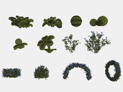 Various Shaped Decorative Shrubs Including Round Balls Flowering Bushes and Green Foliage 3d model